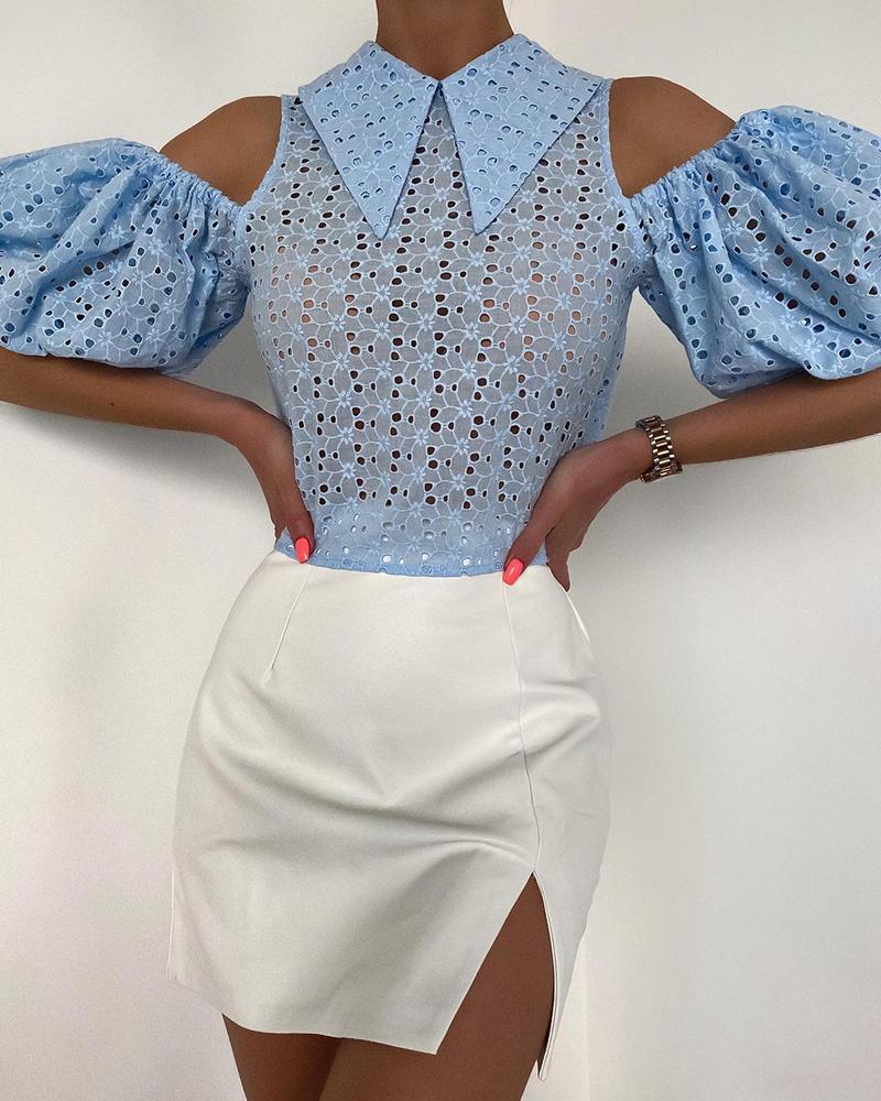 

Cold Shoulder Eyelet Embroidery Puff Sleeve Top, Blue