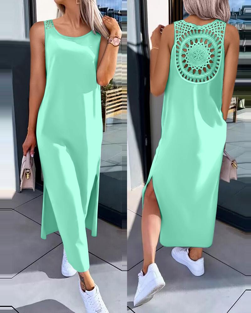 

Vestido regata de verão sem mangas com renda vazada e fenda lateral, Green