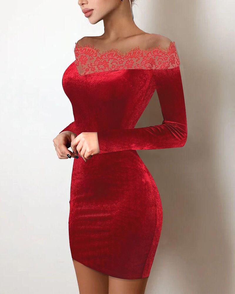 

Eyelash Lace Off Shoulder Velvet Bodycon Dress, Red