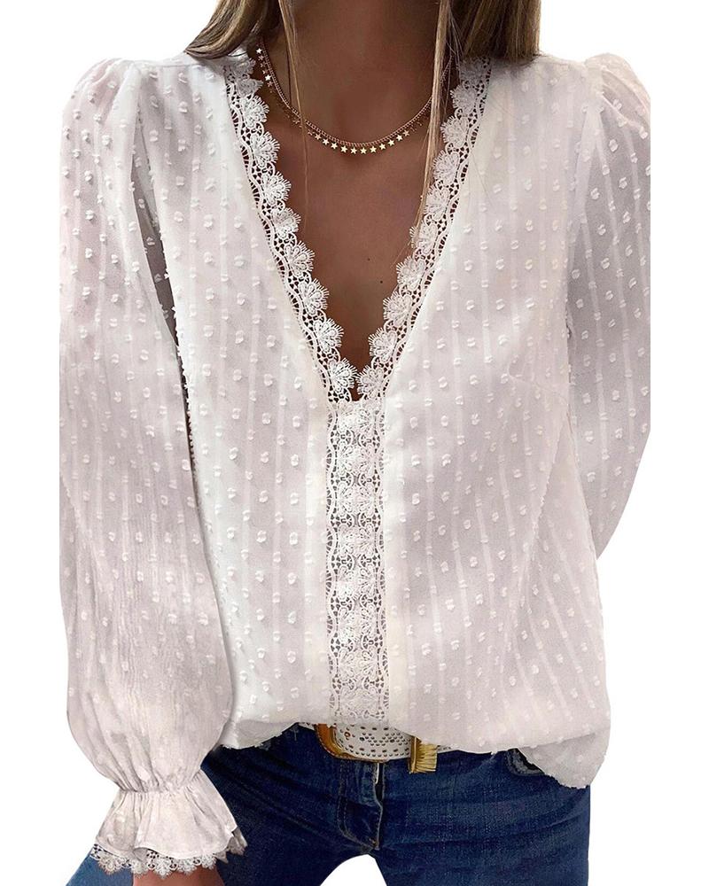 

Lace Patch Swiss Dot Lantern Sleeve Top, White