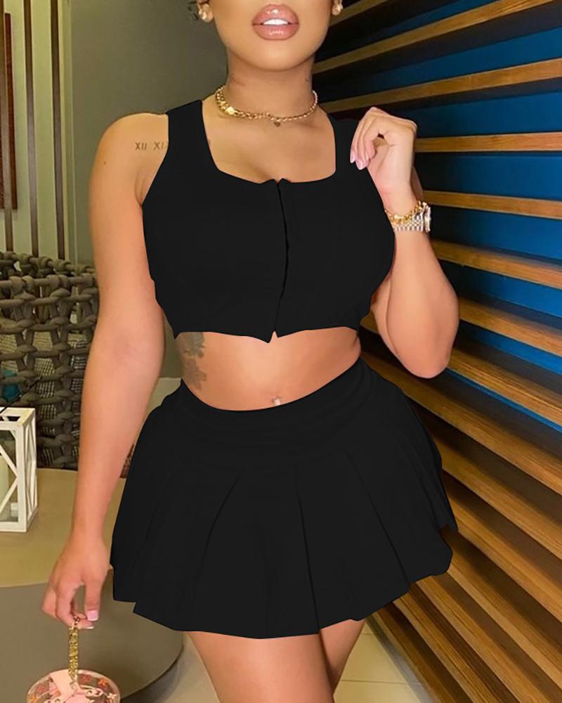 

Zip Front Corset Crop Top & Skirt Sets, Black