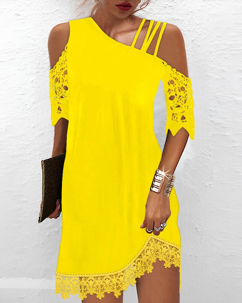

Contrast Lace Cold Shoulder Casual Dress, Yellow