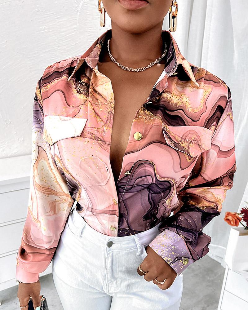 

Marble Print Long Sleeve Button Down Shirt, Pink
