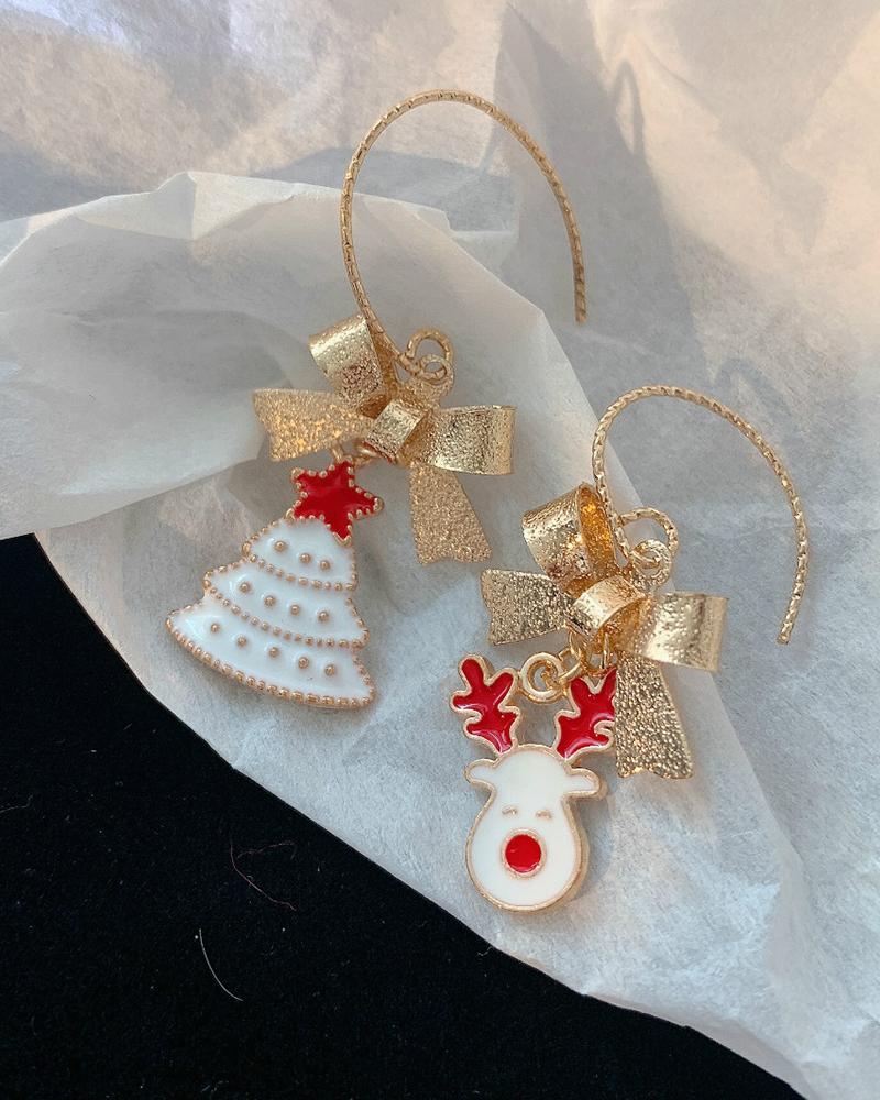 

Christmas Bowknot Moose Pattern Drop Earrings, Gold