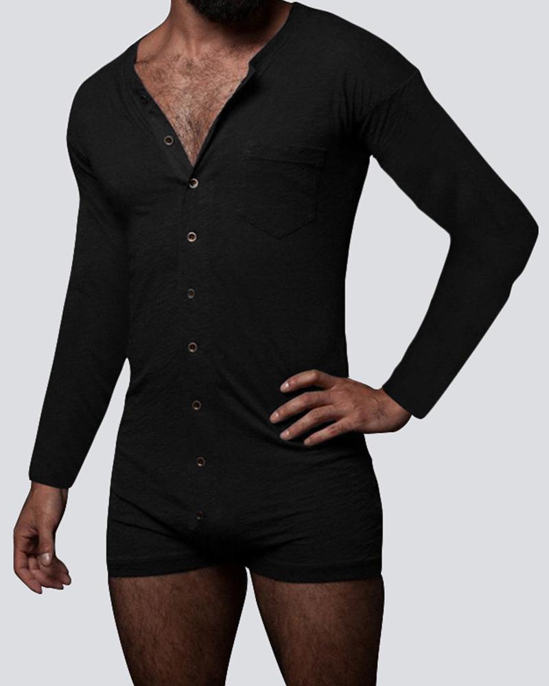 

Solid Color Long Sleeve Skinny Romper, Black