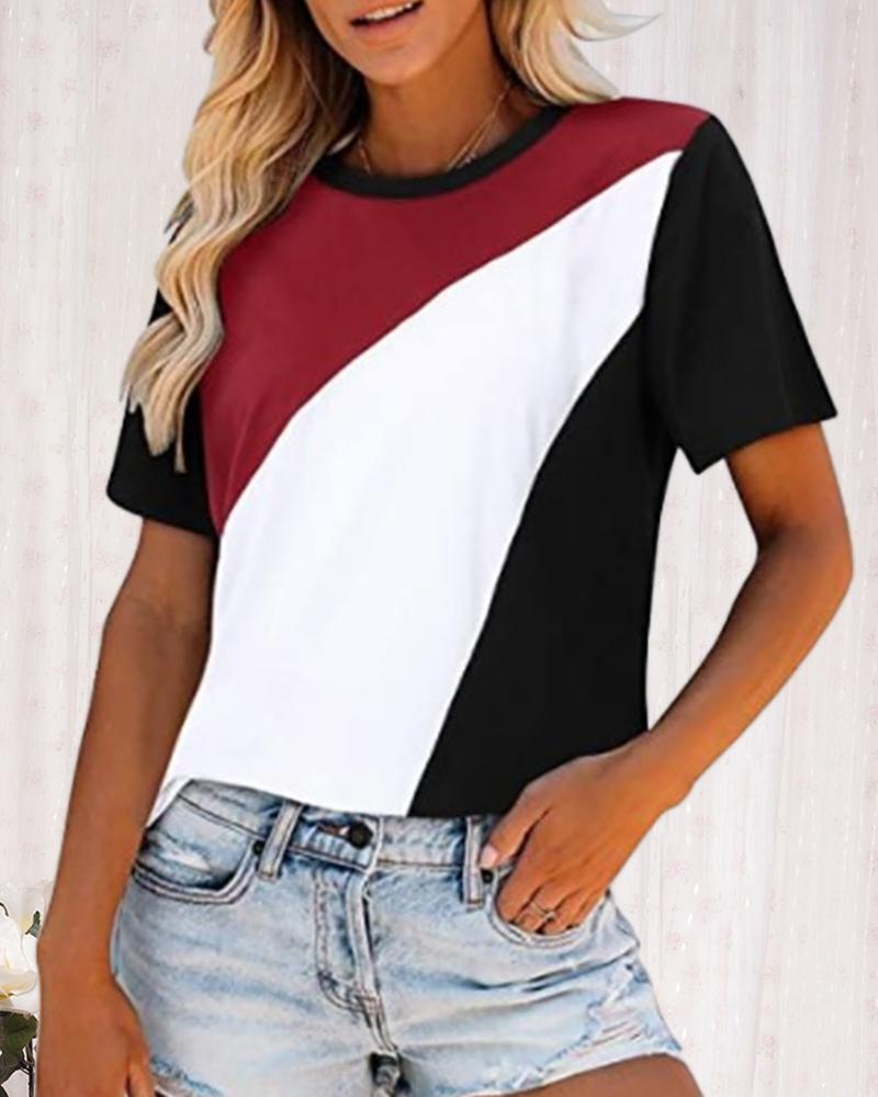 

Leopard Print Colorblock Short Sleeve T-Shirt, Red