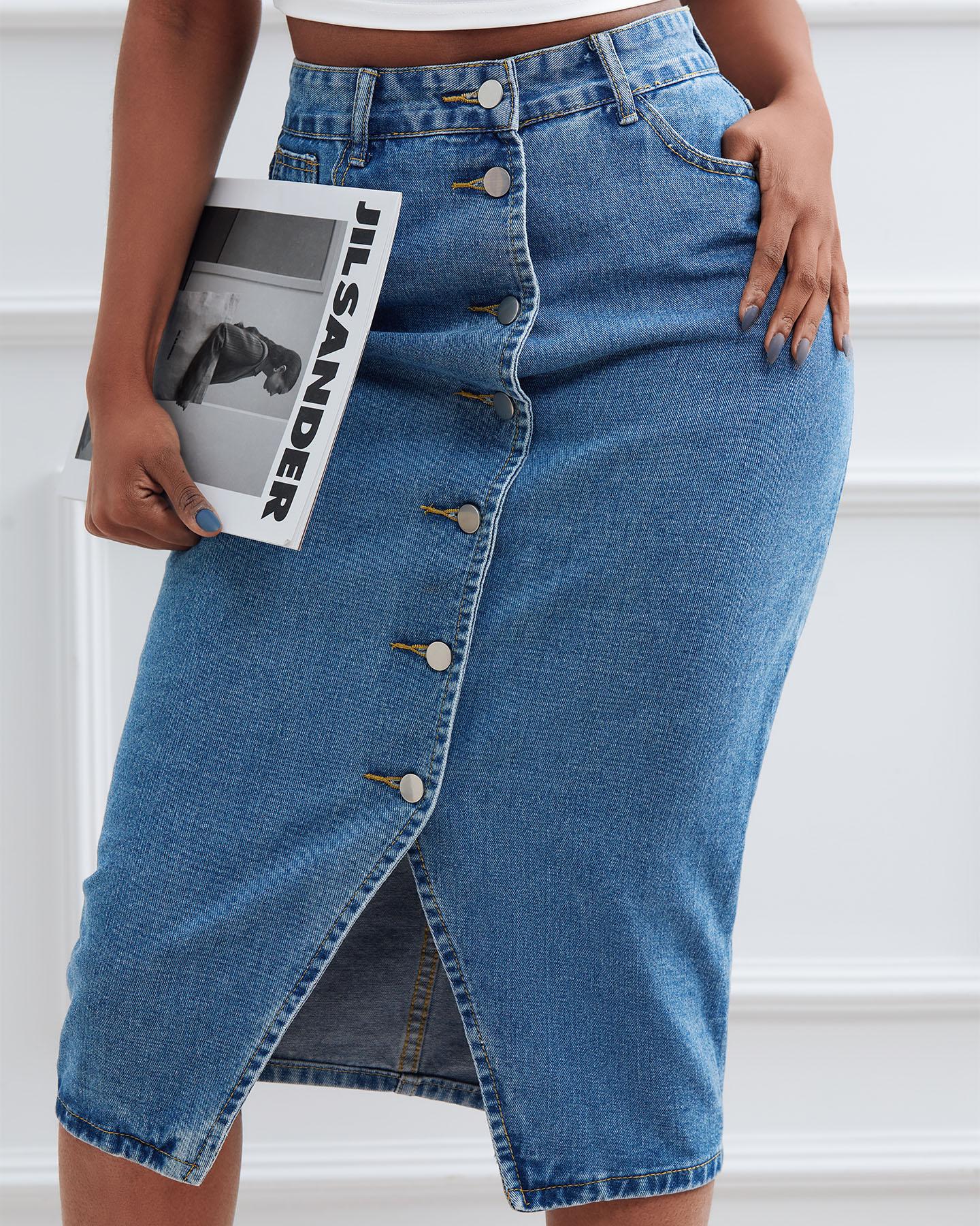 

Buttoned Slit High Waist Denim Skirt, Blue
