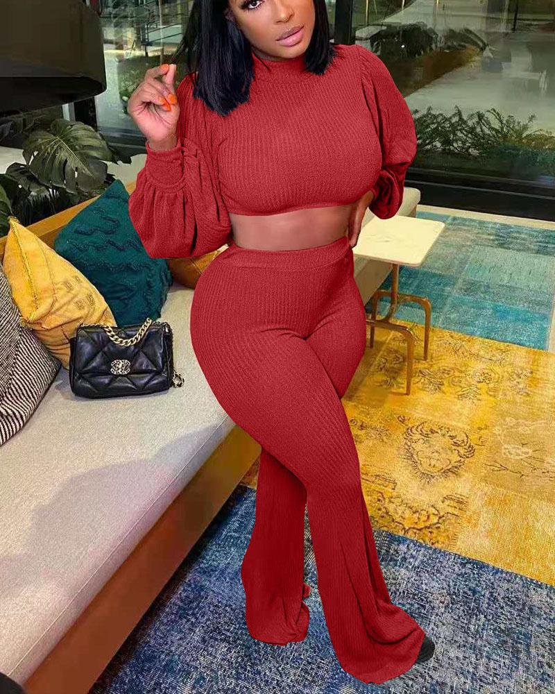 

Rib-Knit Lantern Sleeve Crop Top & Bootcut Pants Set, Red