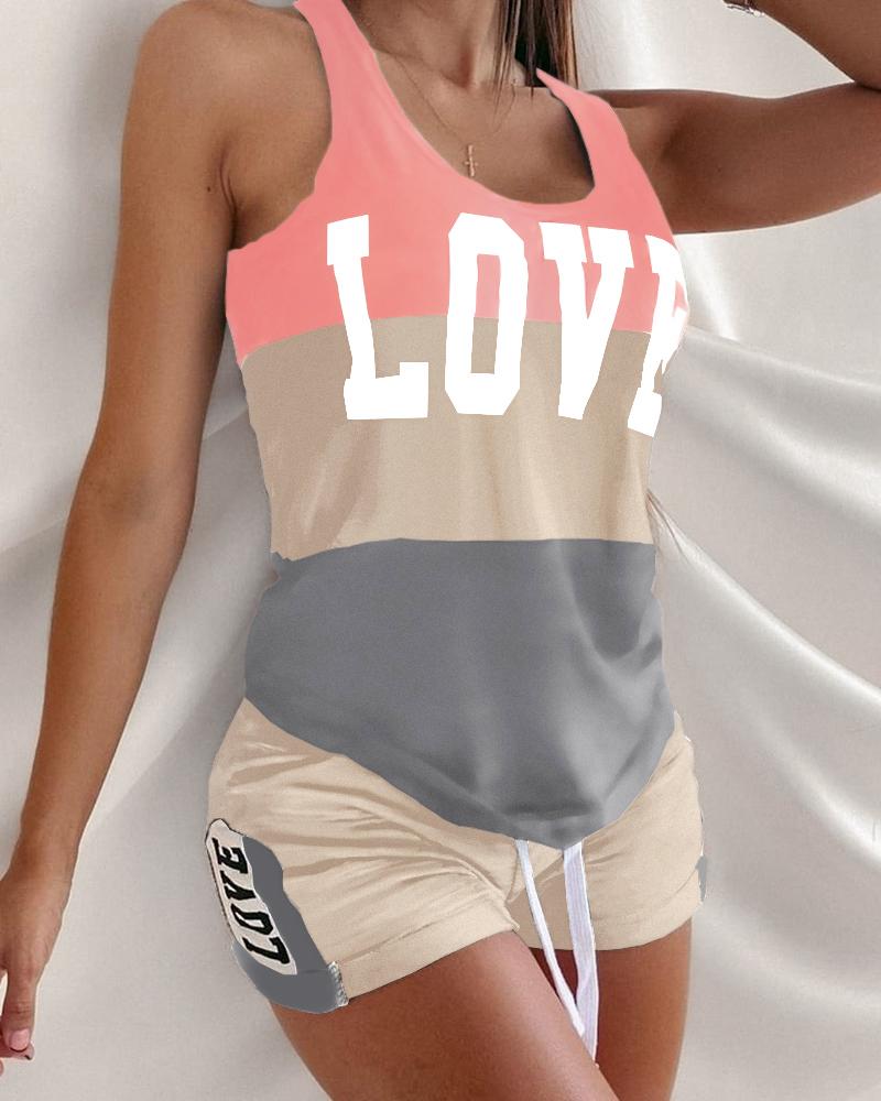 

Letter Print Colorblock Drawstring Pajamas Set, Pink