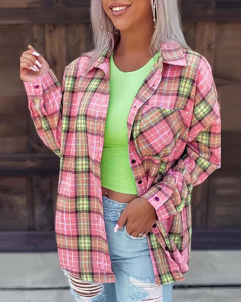 

Plaid Print Long Sleeve Button Down Shirt, Pink