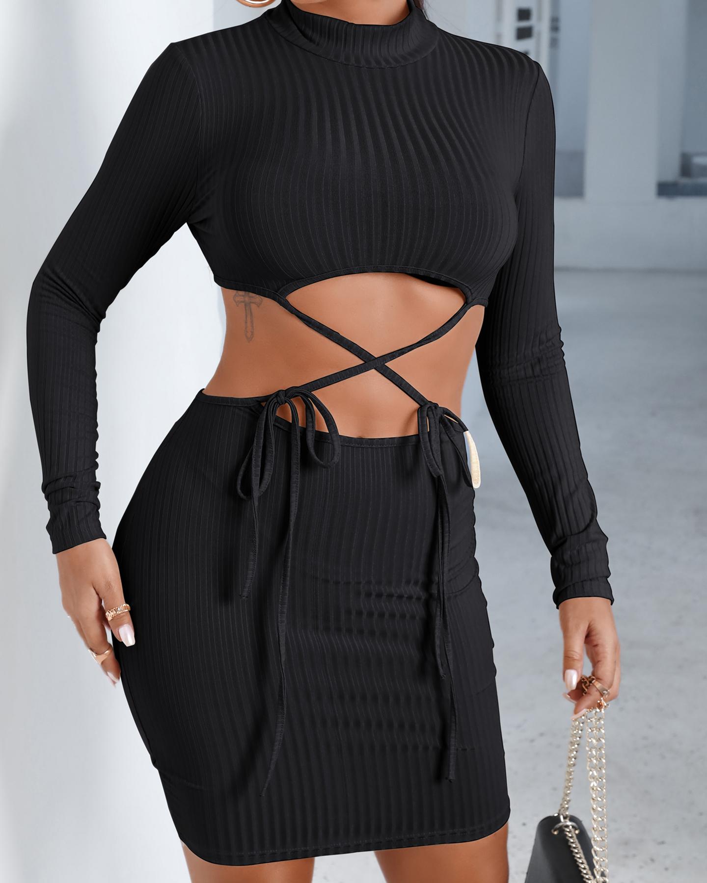 

Ribbed Solid Cutout Waist Bodycon Women Dress, Black