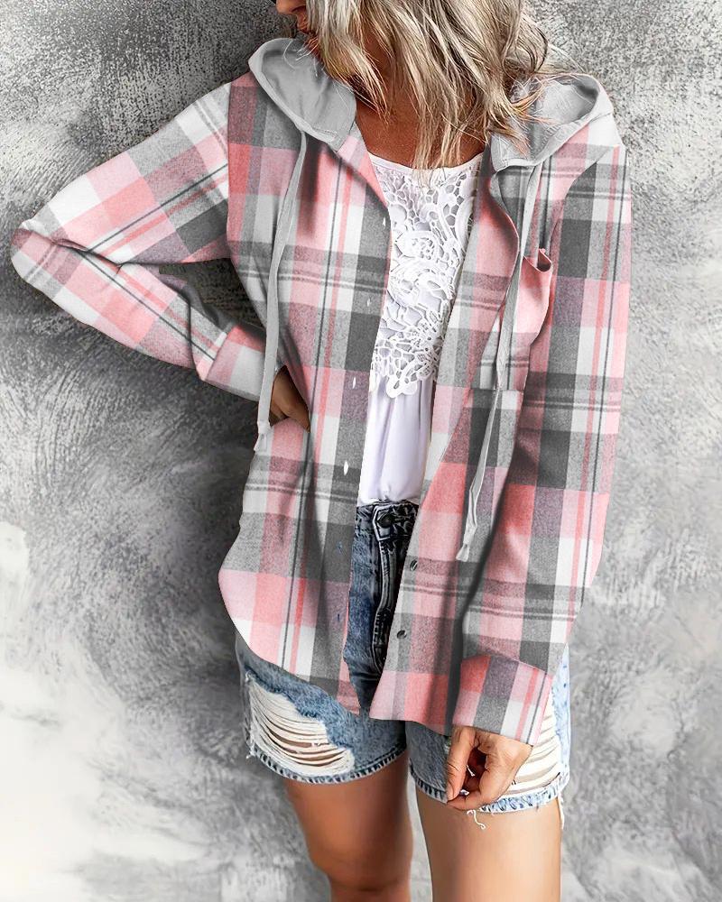 

Colorblock Plaid Print Buttoned Hooded Top, Pink