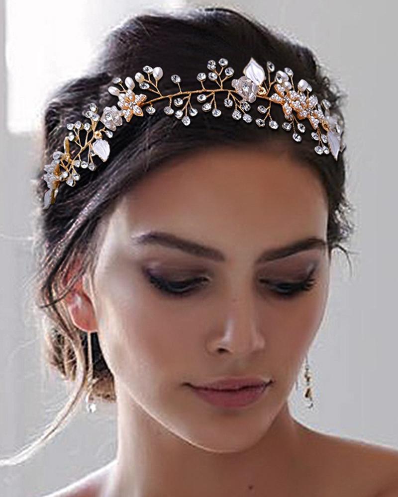 

1pc Pearls Leaf Floral Wedding Bridal Headwear, Pink