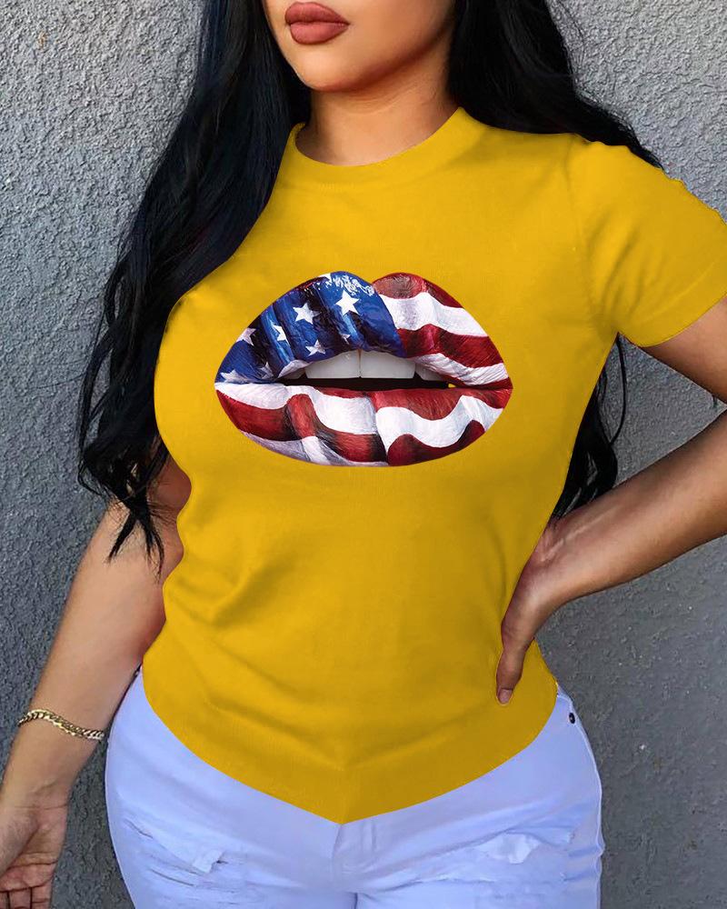 

Lip Print O Neck Short Sleeve T-Shirt, Yellow