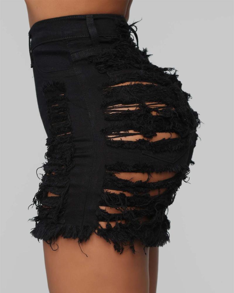 

High Waist Cutout Ripped Raw Hem Denim Shorts, Black