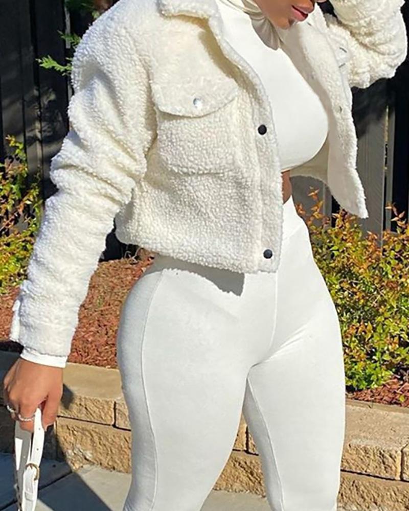 

Pocket Design Long Sleeve Buttoned Teddy Coat, White