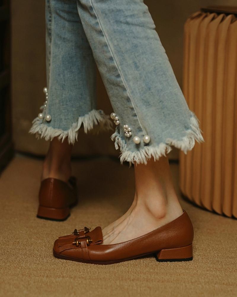 

Square Toe Horsebit Tassel Design Chunky Heels, Brown
