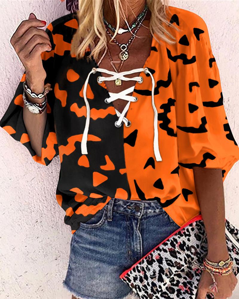 

Halloween Graphic Print Grommet Eyelet Lace-up Top, Orange
