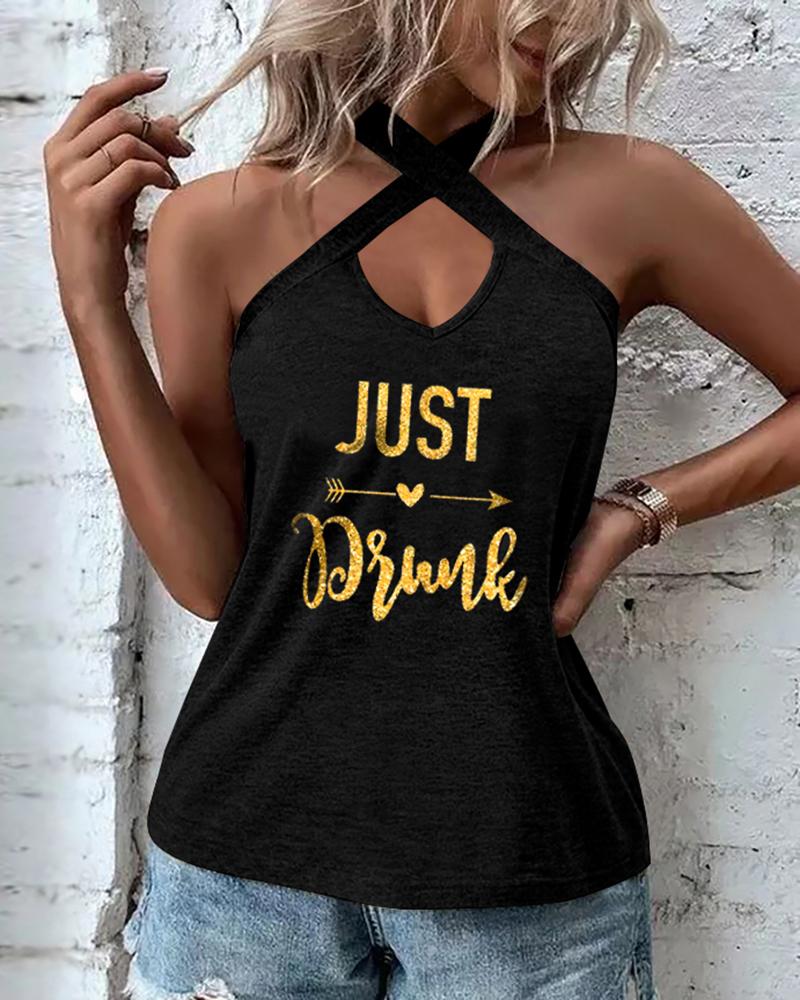 

Letter Print Cross Halter Tank Top, Black