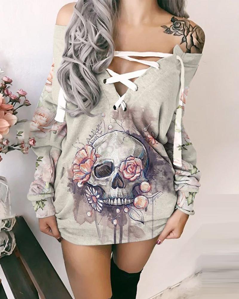 

Halloween Skull Floral Print Eyelet Lace-up Sweatshirt Dress, Light gray