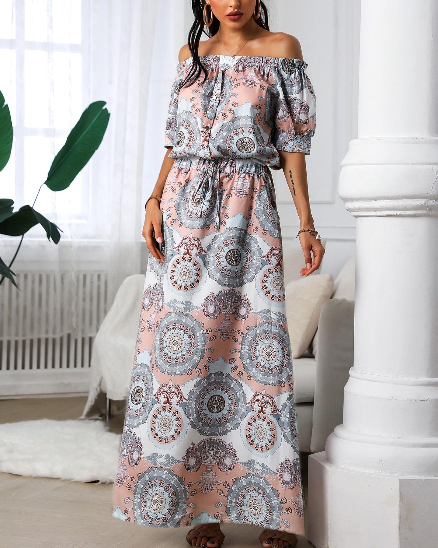 

Retro Print Off Shoulder Button Top & Maxi Skirt Sets, Multicolor