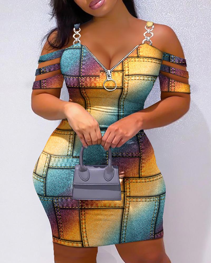 

Plus Size Denim Look Print Rainbow Ombre Bodycon Dress, Multicolor