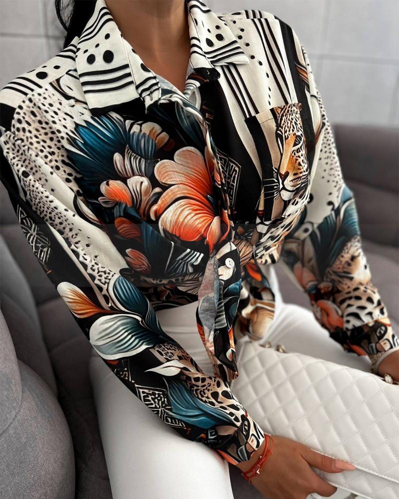 

Blusa de manga comprida com estampa floral e gola virada para baixo com bolso, Apricot