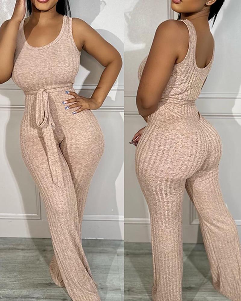 

U-Neck Sleeveless Tied Detail Jumpsuit, Apricot