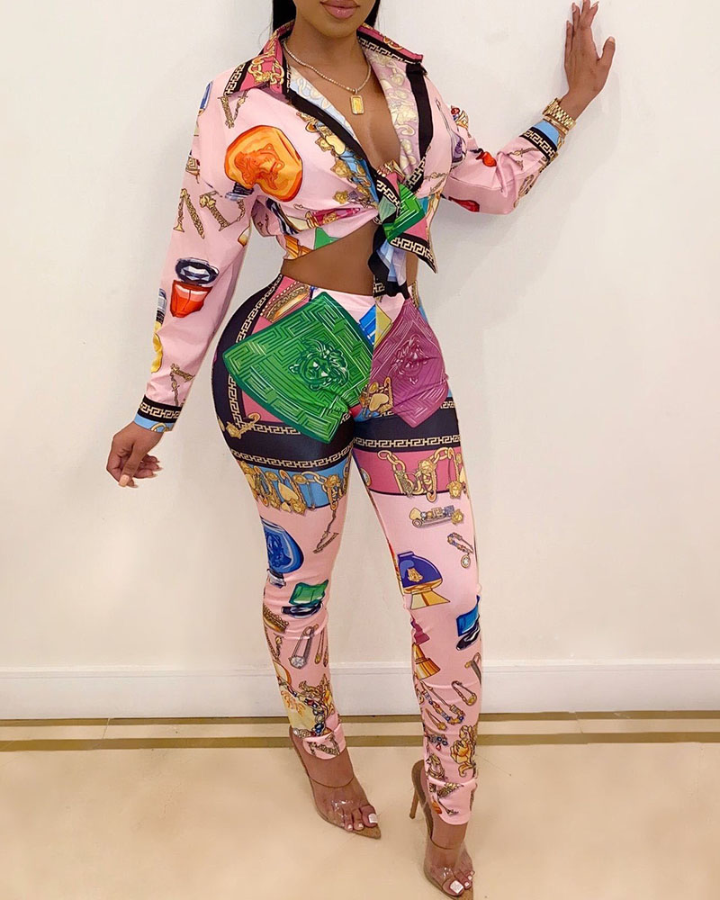 

Scarf Graphic Print Long Sleeve Top & Pants Set, Pink