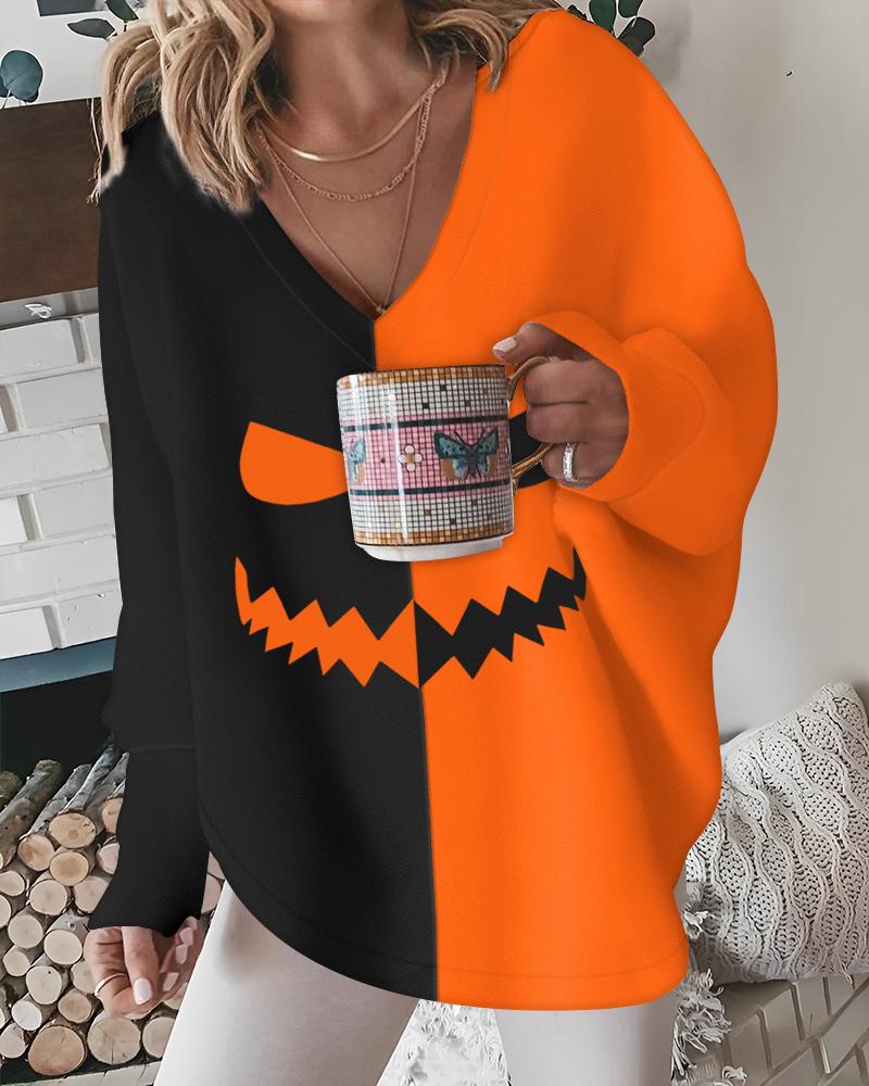 

Halloween Scary Face Print Colorblock Long Sleeve Top, Orange