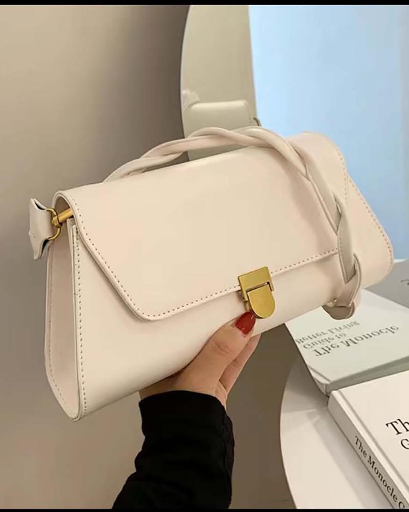 

Braided Strap Metal Decor Baguette Bag, White