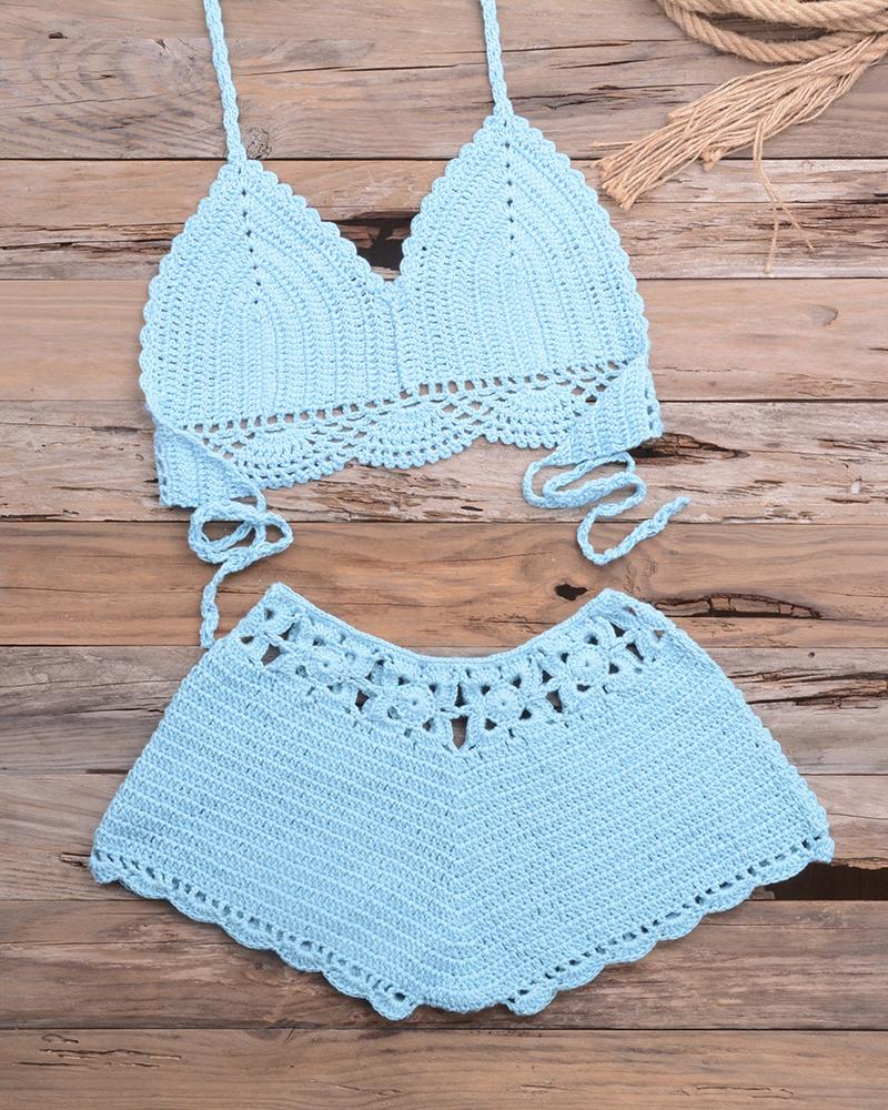 

Crochet Lace Halter Bikini Set, Lighted blue