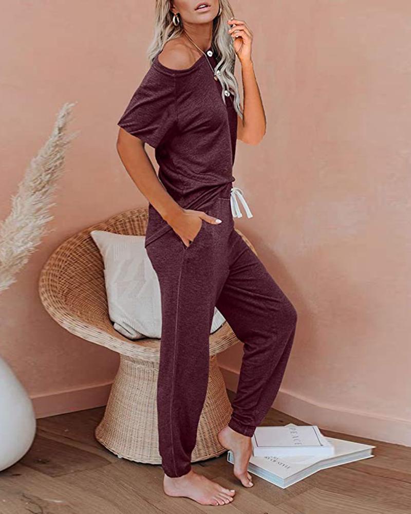 

Plain Round Neck Short Sleeve Top & Pants Set, Wine red