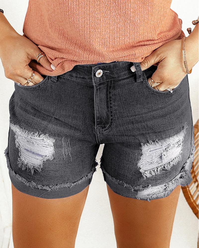 

Ripped Rolled Hem Denim Shorts, Black