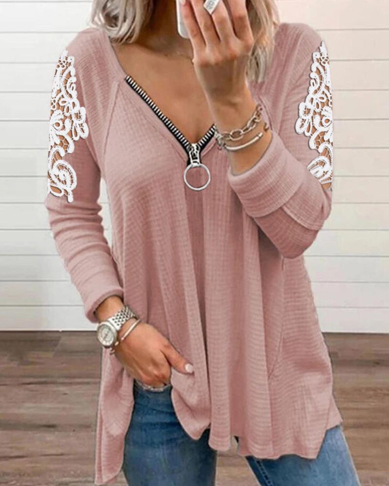 

Solid Contrast Lace Zipper Detail Casual Blouse Long Sleeve Casual Top, Pink