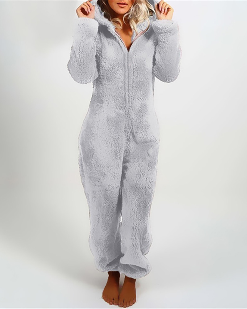 

Long Sleeve Zipper Front Hooded Fluffy Onesie, Gray