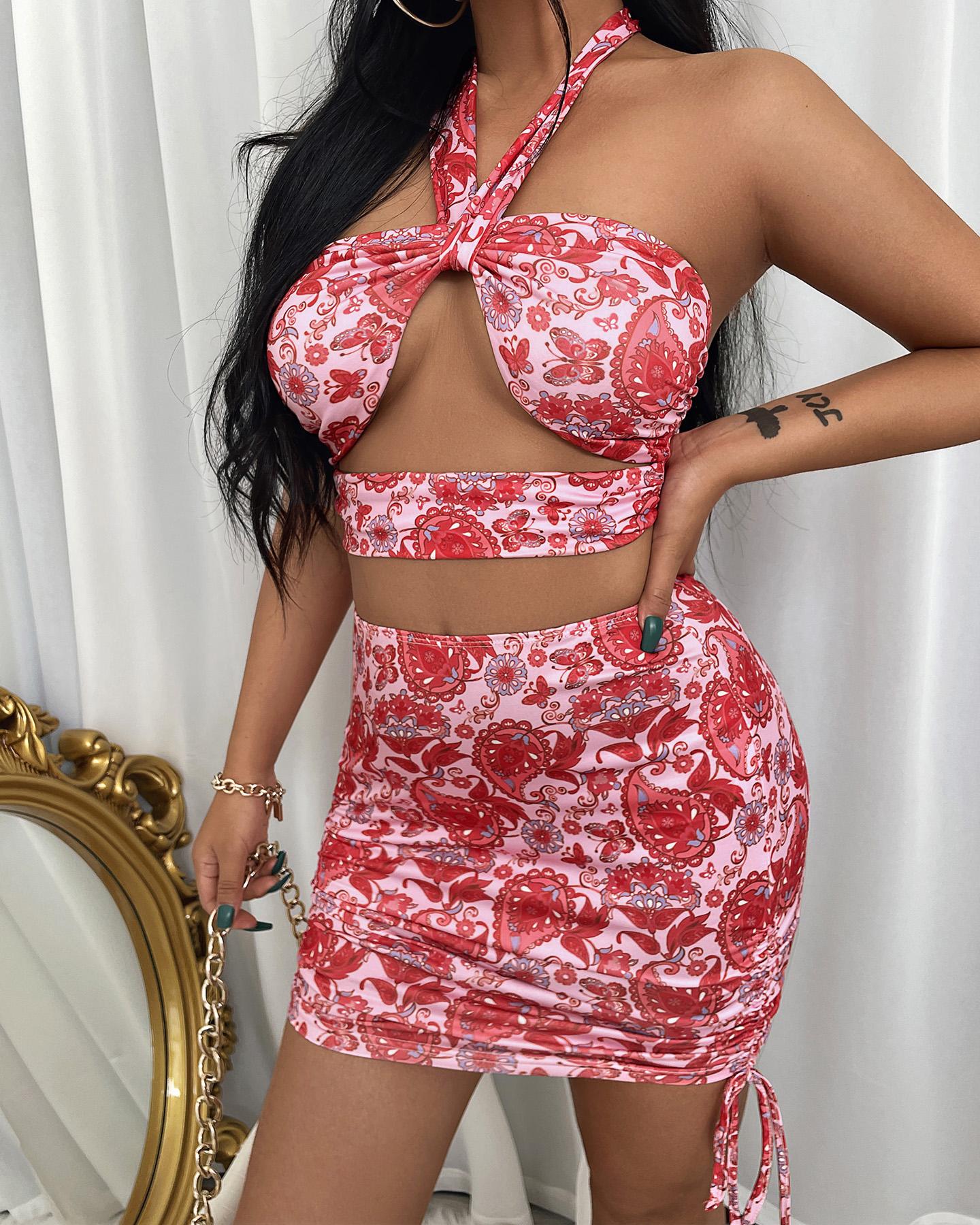 

Paisley Print Cut-out Halter Top & Skirt Set, Pink