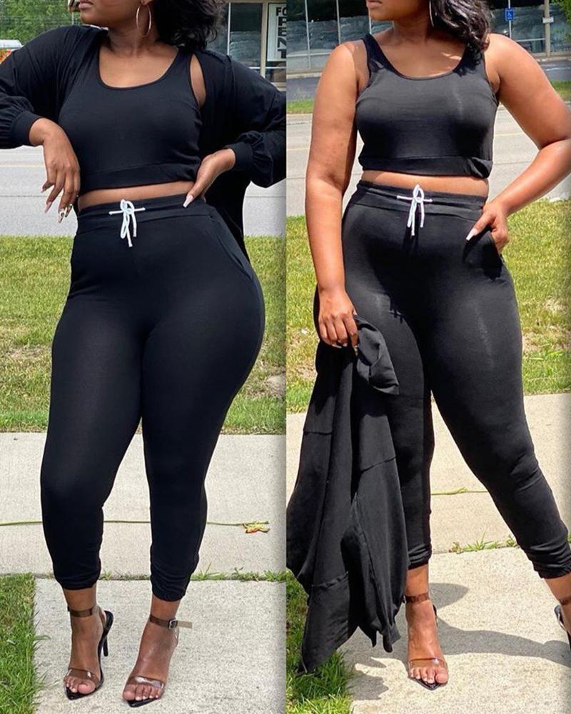 

Sleeveless Crop Top & Drawstring Pants Set With Hooded Coat, Black