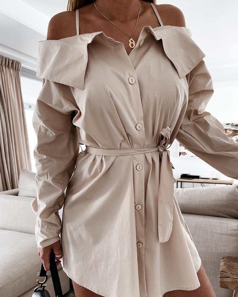 

Solid Button Up Belted Cami Shirt Dress, Khaki