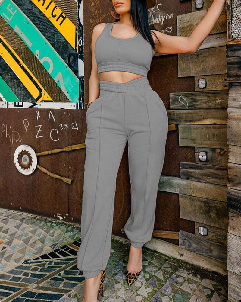 

Crop Tank Top & Criss Cross Pocket Pants Sports Set, Gray