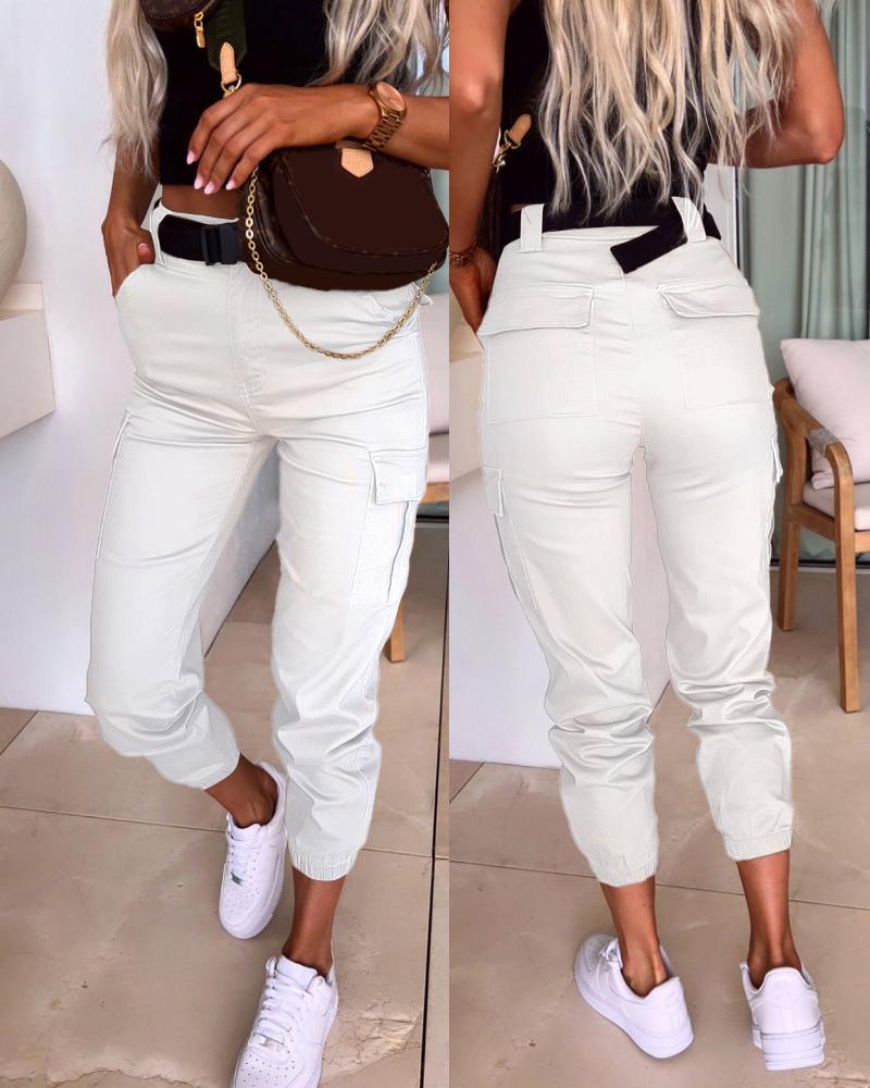 

High Waist Pocket Design Cuffed Pants, Beige