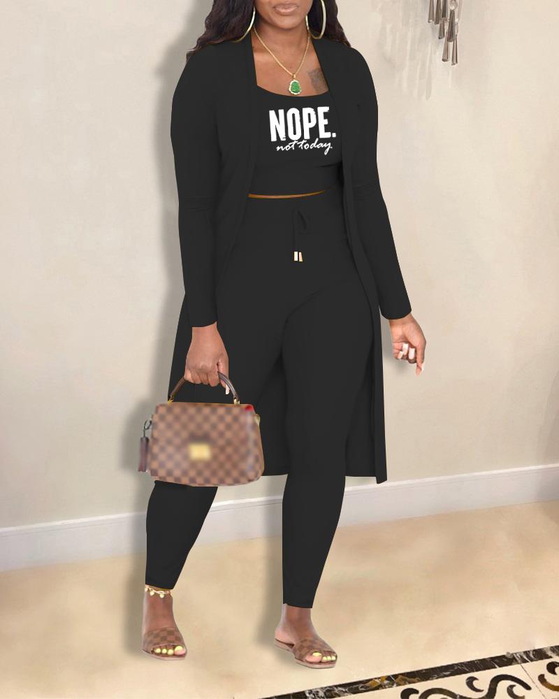 

Plus Size Nope Not Today Print Cami Top & Drawstring Pants Set With Coat, Black