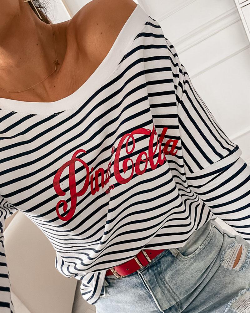 

Letter Striped Print Long Sleeve Top, Style1