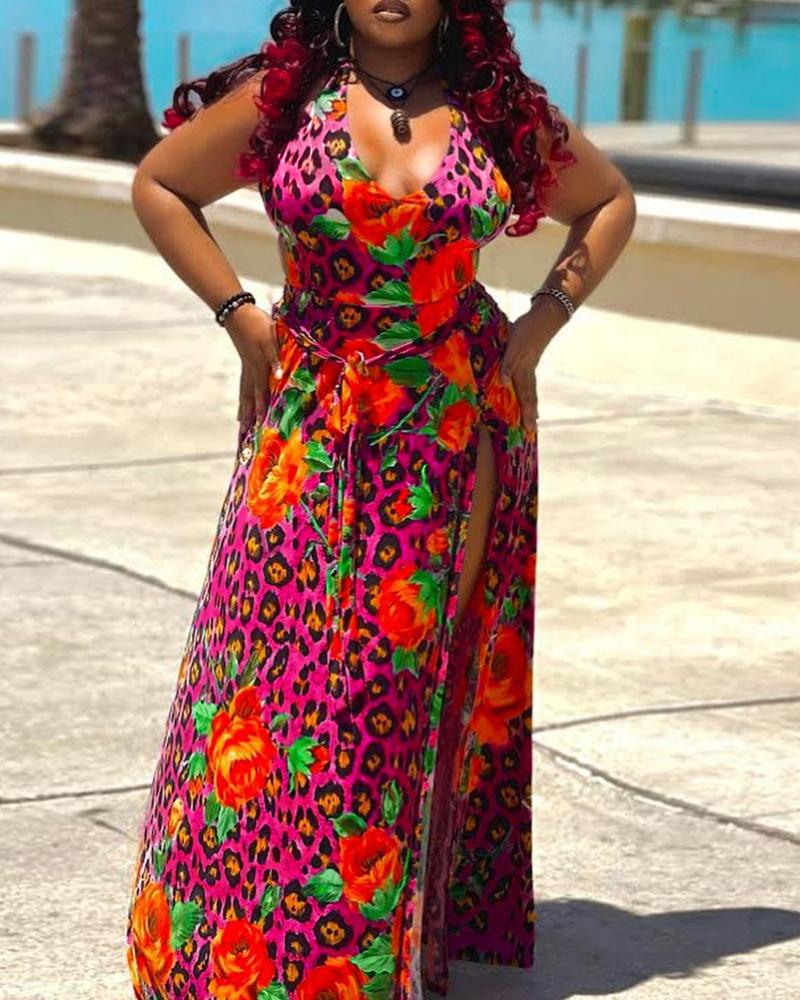 

Plus Size Floral Leopard Print High Slit Maxi Dress, Red