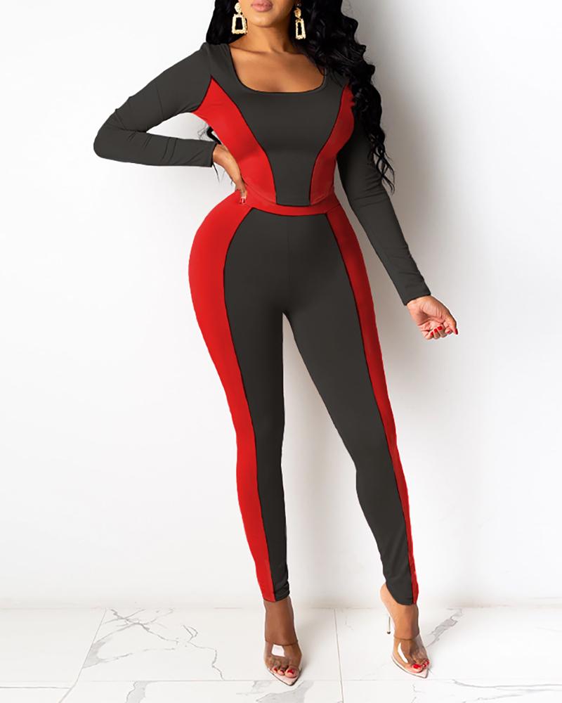 

Colorblock Long Sleeve Crop Top & Skinny Pants Set, Red