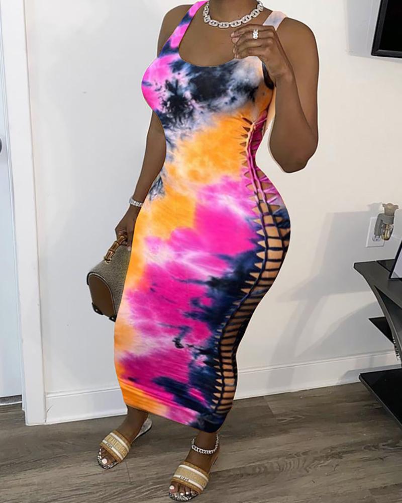 

Tie Dye Print Hollow Out Sleeveless Dress, Hot pink