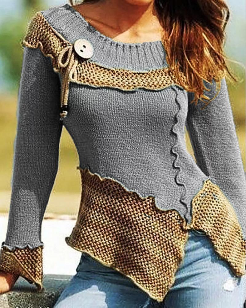 

Colorblock Long Sleeve Hollow Out Sweater, Gray