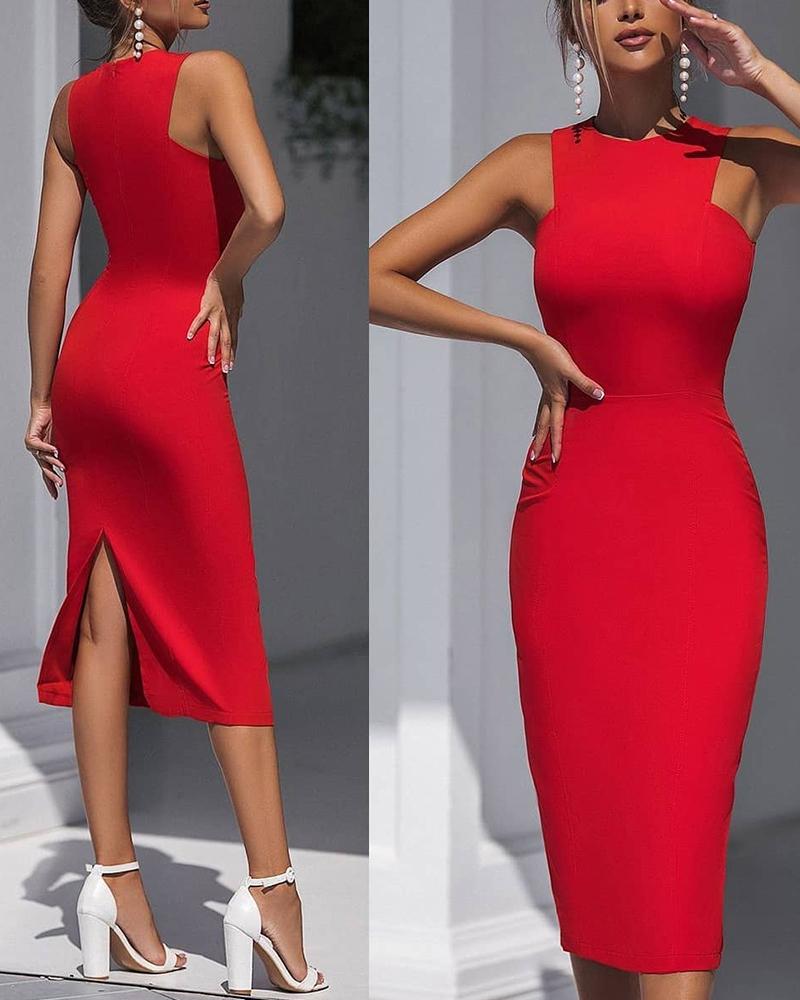 

Solid Sleeveless Slim Midi Dress, Red