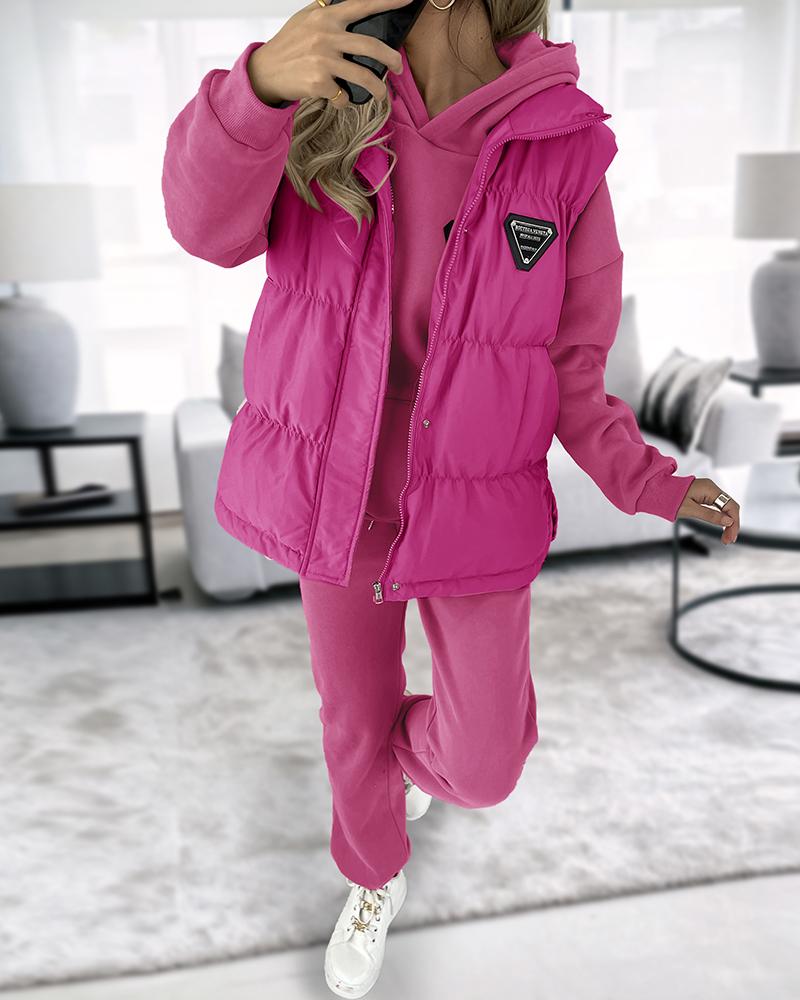 

Pocket Design Hooded Sweatshirt & Cuffed Sweatpants Set With Vest Puffer Coat, Hot pink