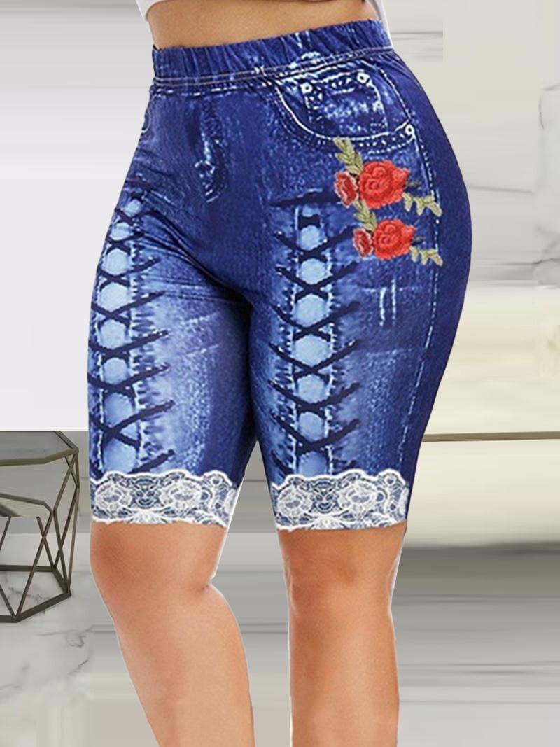 

Floral Denim Look Print Lace Patch Sports Leggings Yoga Shorts, Dark blue